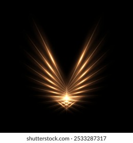 Golden light wings with glowing on black background. Abstract gold light glowing wings with neon effect. Futuristic shiny vector illustration.