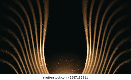 Golden light wings on black background. Vector realistic illustration of sparkling yellow dot lines in shape of angel or bird wing, premium award ceremony or luxury product presentation backdrop