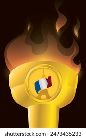 Golden and lighted torch with medal decorated with Eiffel Tower silhouette and French flag for Summer Games in Paris.