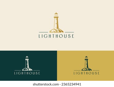 Goldenes Leuchtturm. Illustration, Logo, Symbol. 