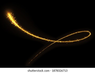 Golden lighting sparkle trail, glittering shiny. Vector illustration of gold smoke stream on black background. Glowing stardust wave, glitter spark or magical starry light.