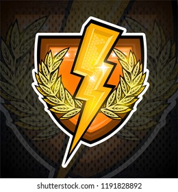 Golden lightning between laurel wreath in center on shield. Sport logo for any team or competition