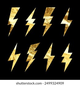 Golden lightning bolt icons collection. Gold foil texture. Flash symbol, thunderbolt. Simple lightning strike sign. Vector illustration