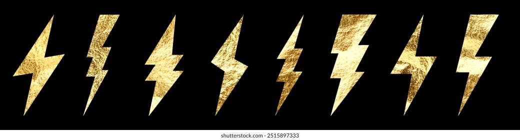 Golden lightning bolt icons collection. Gold foil texture. Flash symbol, thunderbolt. Simple lightning strike sign. Vector illustration