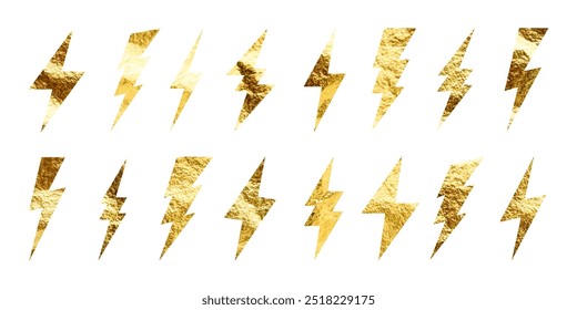 Golden lightning bolt icons collection. Gold foil texture. Flash symbol, thunderbolt. Simple lightning strike sign. Vector illustration
