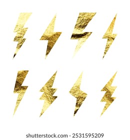 Golden lightning bolt icons collection. Gold foil texture. Flash symbol, thunderbolt. Simple lightning strike sign. Vector illustration