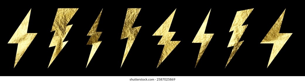 Golden lightning bolt icons collection. Gold foil texture. Flash symbol, thunderbolt. Simple lightning strike sign. Vector illustration