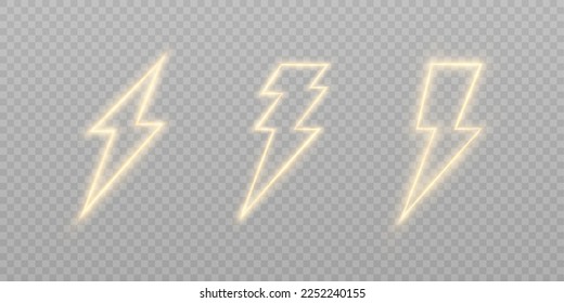 Golden Lightning icon isolated on transparent background. Cartoon lightning icon. Thunder strike. For web design illustrations.