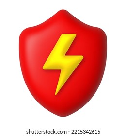 Golden Lightning On A Red Shield. Protection Concept. 3d Realistic Design Element. Vector Illustration.