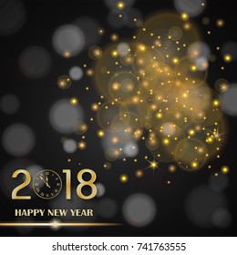 Golden lights abstract on black ambient blurred background. New Year 2018 concept. Luxury design. Vector illustration