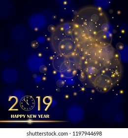 Golden lights abstract on blue ambient blurred background. New Year 2019 concept. Luxury design. Vector illustration