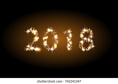 Golden lights abstract on dark background. New Year 2018 concept.  Glitter gold numbers and shining stars on dark background. Vector illustration.