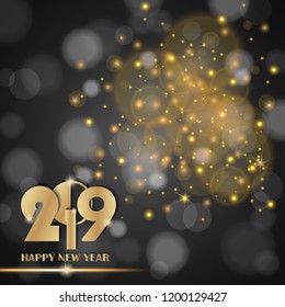 Golden lights abstract on grey ambient blurred background. New Year 2019 concept. Luxury design. Vector illustration