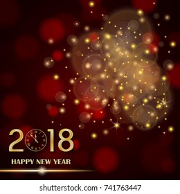 Golden lights abstract on red ambient blurred background. New Year 2018 concept. Luxury design. Vector illustration