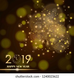 Golden lights abstract on yellow ambient blurred background. New Year 2019 concept. Luxury design. Vector illustration