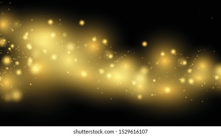 Golden Lights Background. Christmas Lights Concept.   Sparkling magical dust particles. Magic concept. Glitter and elegant for Christmas Dust 