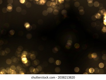 Golden lights Christmas and New Year holidays template. Gold bokeh Blurred light on black background. Abstract glitter defocused blinking stars and sparks. Vector EPS 10