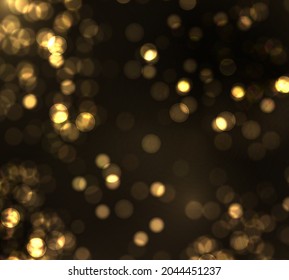 Golden lights Christmas and New Year holidays template. Gold bokeh Blurred light on black background. Abstract glitter defocused blinking stars and sparks. Vector EPS 10