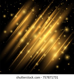 Golden Lights Effect. Abstract Image of Flare. This Lighting Enhance your Design Work Look Modern. Shining Motion Luxury Design. Vector Illustration on Black Background.