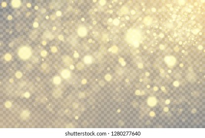 Golden lights effect isolated on transparent background. Glowing soft bokeh explosion