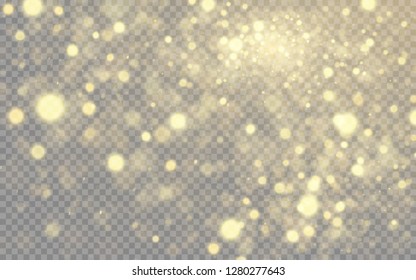 Golden lights effect isolated on transparent background. Glowing soft bokeh explosion