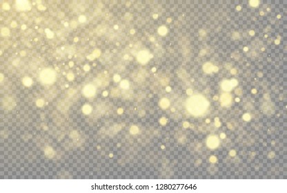 Golden lights effect isolated on transparent background. Glowing soft bokeh explosion