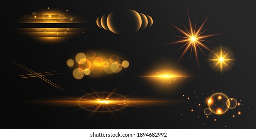 Golden lights effects isolated on a transparent background. Bright flashes and glare of gold color. Bright rays of light. Glowing lines vector illustration.