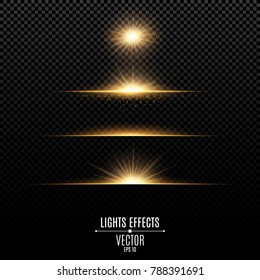 Golden lights effects isolated on a transparent background. Bright flashes and glare of gold color. Bright rays of light. Glowing lines. Vector illustration.