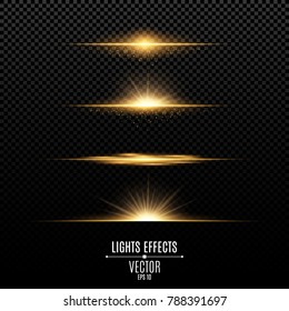 Golden lights effects isolated on a transparent background. Bright flashes and glare of gold color. Golden rays of light. Glowing lines. Vector illustration.