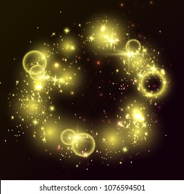 Golden Lights On Black Background. Abstract Glitter Shiny Elements, Glowing Stars, Rings And Circles Backdrop. Beautiful Sparkle Vector Illustration.