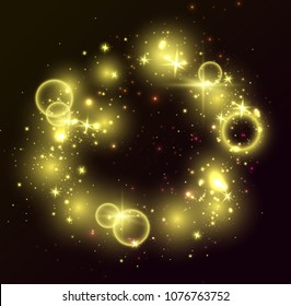 Golden Lights On Black Background. Abstract Glitter Shiny Elements, Glowing Stars, Rings And Circles Backdrop. Beautiful Sparkle Vector Illustration.