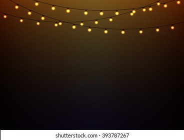Golden lights on strings, landscape oriented background