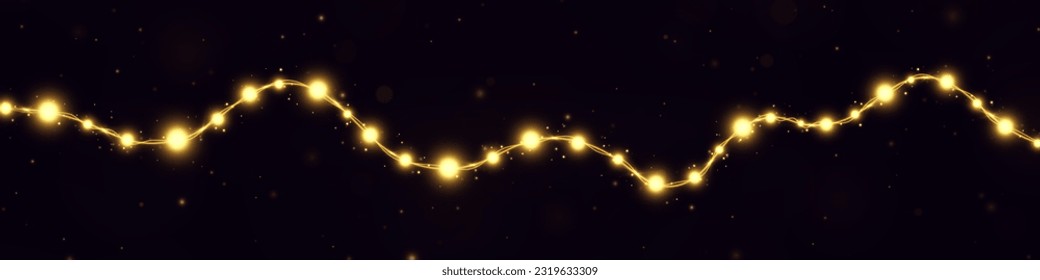 Golden lights on transparent background. Luxury glowing garlands for holiday. Shiny Christmas bulbs for decor.