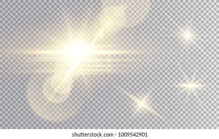 Golden lights set. Beatiful cosmic star with  a lot of horizontal beams and lens flare effects, small glares.