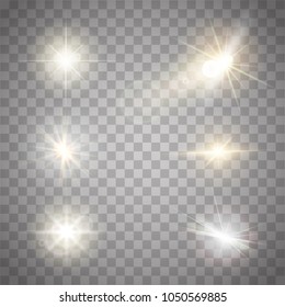 Golden lights sparkles collection. Vector illustration of glowing lens flares, flashes and sparks.