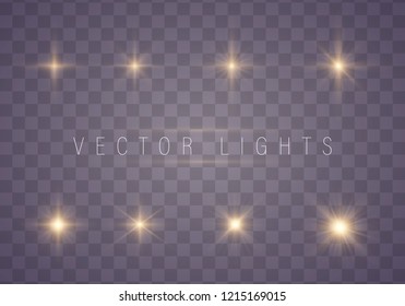 Golden lights sparkles isolated. Vector illustration of glowing lens flares and sparks.
Set of glowing stars. Vector illustration