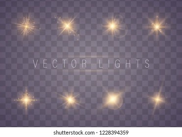 Golden lights sparkles isolated. Vector illustration of glowing lens flares and sparks.
Set of glowing stars. Vector illustration