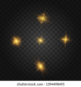 Golden lights sparkles isolated. Vector illustration of glowing lens flares and sparks. Set of glowing stars. Vector illustration