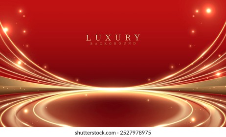 Golden lights stage backdrop for award ceremony or product promotion, red luxury background design concept, vector illustration.