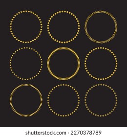 Golden like assorted signs empty circles border pattern emblems set design element on black background