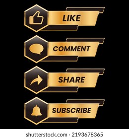 Golden Like Comment Share And Subscribe Button Vector Set