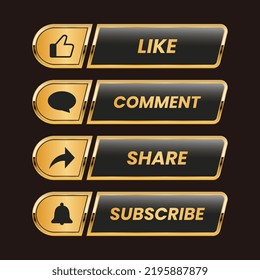 Golden Like Comment Share And Subscribe Button Icon Set