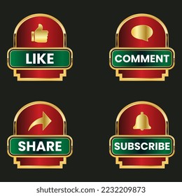 golden like comment share and subscribe icon button vector set