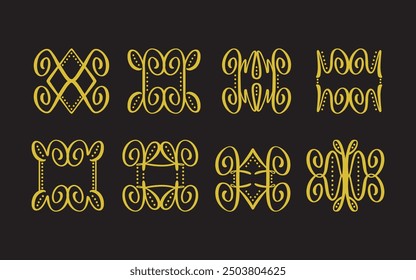 golden like line hand written cute curly creative isolated emblems and motifs icons design elements set on black background