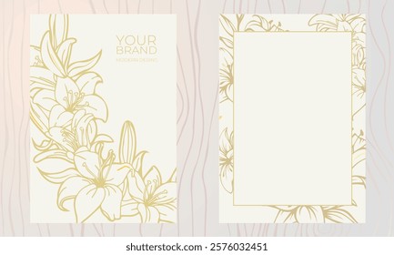 Golden lily, floral background, bouquet. Wedding invitation, for a holiday, birthday. Art deco style. Rounded frame with Calla lilies. Frame for invitation card.