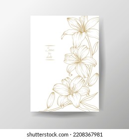 Goldene Lilienblumenzusammensetzung 5x7 Einladungsvorlage. Luxuriöse elegante Kontur Vintage Vektorgrafik für Postkarte, Hochzeit, Geburtstag, danke Karte, Cover, Logo, Kosmetik, Muttertag, Papier.