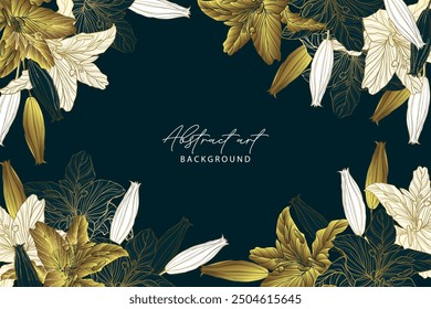 Golden lily flowers line art pattern background. Luxury lilies floral design elements for invitation, wedding, wallpaper, print template, vector illustration
