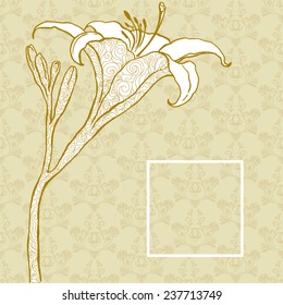 Golden Lily on the background of the ornament. Floral postcard.