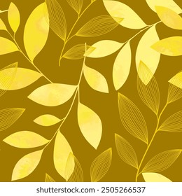 Golden line art abstract background with linear and watercolor leaves. luxury vintage seamless pattern. Elegant floral design. Can be used for wrapping, textile, print, banner, brochure, label