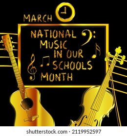 golden line art blackboard with text and golden musical instruments guitar and violin with a clock in the classroom, National Music in Our Schools Month on March